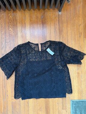 Ann Taylor Black Floral Lace Short Sleeve Blouse